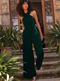 Evening Dress Jumpsuit Designed Neckline Ankle-Length Sleeveless Zipper Pleated Stretch Crepe Formal Party Dresses