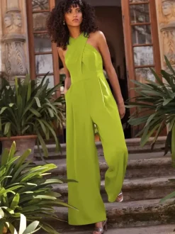 Evening Dress Jumpsuit Designed Neckline Ankle-Length Sleeveless Zipper Pleated Stretch Crepe Formal Party Dresses