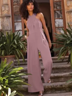 Evening Dress Jumpsuit Designed Neckline Ankle-Length Sleeveless Zipper Pleated Stretch Crepe Formal Party Dresses
