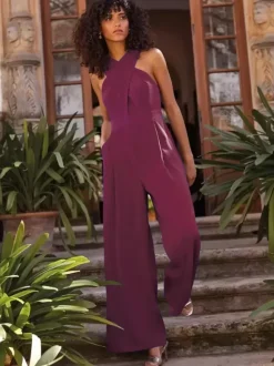 Evening Dress Jumpsuit Designed Neckline Ankle-Length Sleeveless Zipper Pleated Stretch Crepe Formal Party Dresses