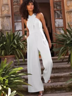 Evening Dress Jumpsuit Designed Neckline Ankle-Length Sleeveless Zipper Pleated Stretch Crepe Formal Party Dresses