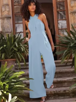 Evening Dress Jumpsuit Designed Neckline Ankle-Length Sleeveless Zipper Pleated Stretch Crepe Formal Party Dresses