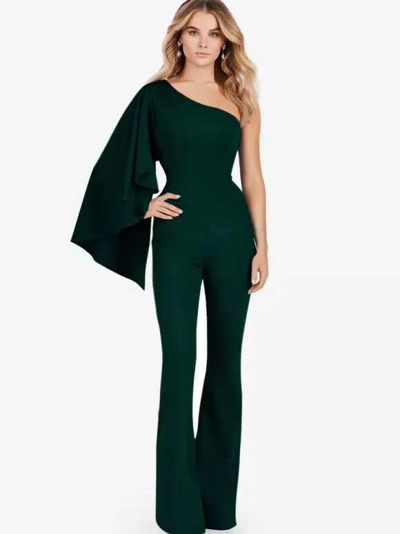 Evening Dress Jumpsuit One-Shoulder Floor-Length Sleeveless Zipper Stretch Crepe Formal Party Dresses
