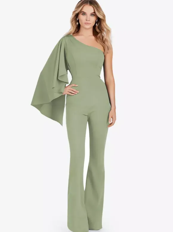 Evening Dress Jumpsuit One-Shoulder Floor-Length Sleeveless Zipper Stretch Crepe Formal Party Dresses