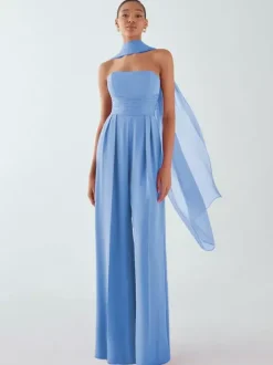 Evening Dress Jumpsuit Strapless Floor-Length Sleeveless Zipper Pleated Chiffon Formal Party Dresses
