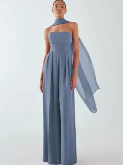 Evening Dress Jumpsuit Strapless Floor-Length Sleeveless Zipper Pleated Chiffon Formal Party Dresses