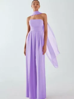 Evening Dress Jumpsuit Strapless Floor-Length Sleeveless Zipper Pleated Chiffon Formal Party Dresses