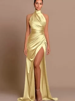 Evening Dress Mermaid Halter Elastic Woven Satin With Train Pleated Social Pageant Dresses