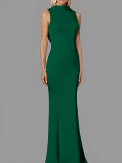 Evening Dress Mermaid High Collar Stretch Crepe Floor-Length Buttons Formal Party Dresses