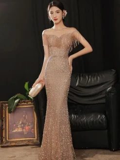 Evening Dress Mermaid Illusion Neckline Floor-Length Short Sleeves Zipper Fringe Sequined Formal Party Dresses