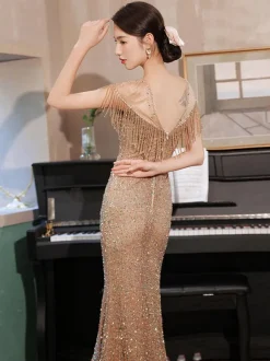 Evening Dress Mermaid Illusion Neckline Floor-Length Short Sleeves Zipper Fringe Sequined Formal Party Dresses
