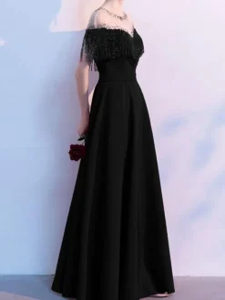 Evening Dress Mermaid Jewel Neck Floor-Length Short Sleeves Zipper Fringe Satin Fabric Social Pageant Dresses