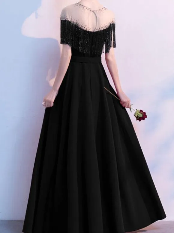 Evening Dress Mermaid Jewel Neck Floor-Length Short Sleeves Zipper Fringe Satin Fabric Social Pageant Dresses