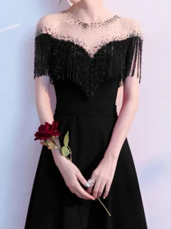 Evening Dress Mermaid Jewel Neck Floor-Length Short Sleeves Zipper Fringe Satin Fabric Social Pageant Dresses
