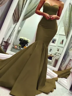 Evening Dress Mermaid Sweetheart Neck Sleeveless Zipper Satin Formal Dinner Dresses With Train Free Customization