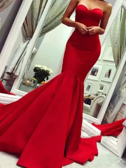 Evening Dress Mermaid Sweetheart Neck Sleeveless Zipper Satin Formal Dinner Dresses With Train Free Customization