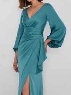 Evening Dress Mermaid V-Neck Floor-Length Long Sleeves Zipper Pleated Satin Fabric Social Pageant Dresses