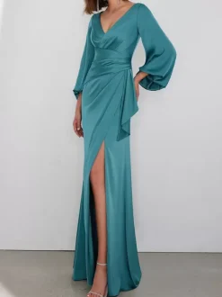 Evening Dress Mermaid V-Neck Floor-Length Long Sleeves Zipper Pleated Satin Fabric Social Pageant Dresses