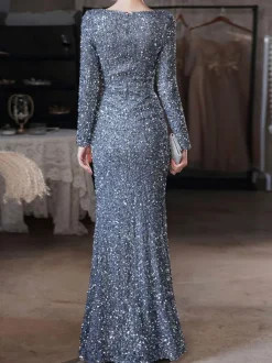 Evening Dress Mermaid V-Neck Sequined Floor-Length Split Front Formal Dinner Dresses