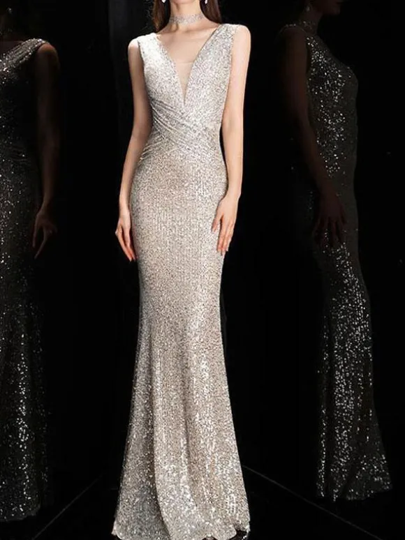 Evening Dress Mermaid V-Neck Floor-Length Sleeveless Zipper Polyester Formal Dinner Dresses