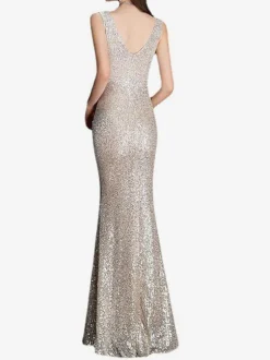 Evening Dress Mermaid V-Neck Floor-Length Sleeveless Zipper Polyester Formal Dinner Dresses