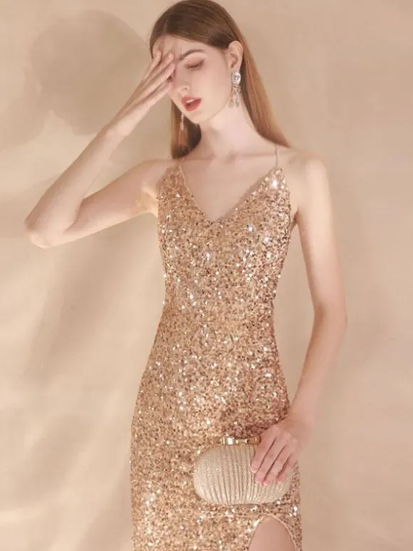 Evening Dress Mermaid V-Neck Sequined Sweep Sequins Formal Dinner Dresses