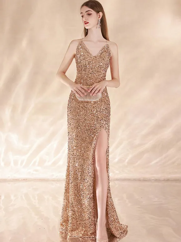 Evening Dress Mermaid V-Neck Sequined Sweep Sequins Formal Dinner Dresses