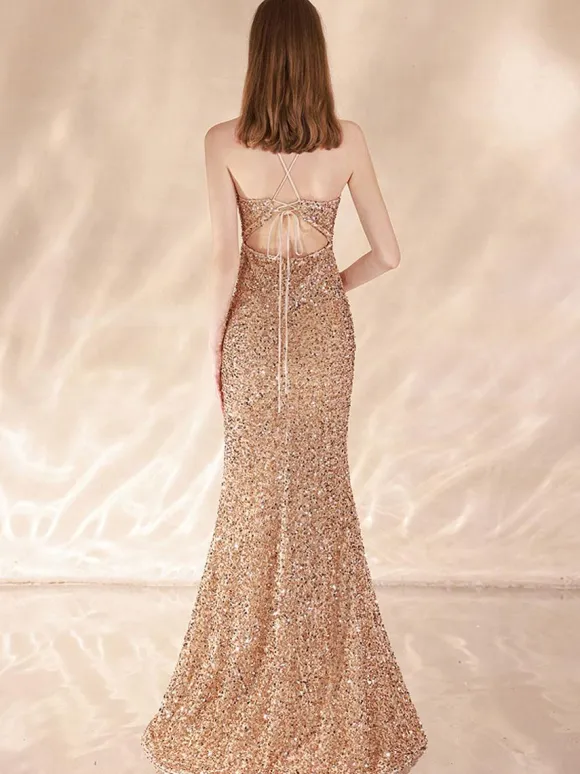 Evening Dress Mermaid V-Neck Sequined Sweep Sequins Formal Dinner Dresses