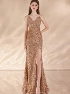 Evening Dress Mermaid V-Neck Sequined Sweep Sequins Formal Dinner Dresses