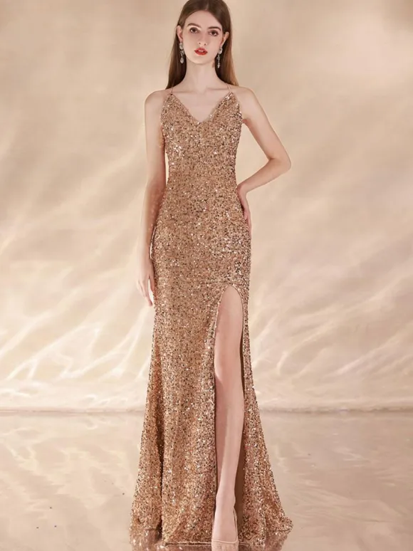 Evening Dress Mermaid V-Neck Sequined Sweep Sequins Formal Dinner Dresses