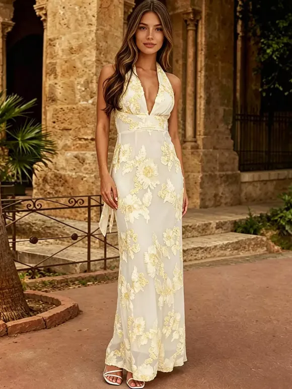 Evening Dress Mermaid V-Neck Floor-Length Sleeveless Zipper Lace Lace Social Party Dresses