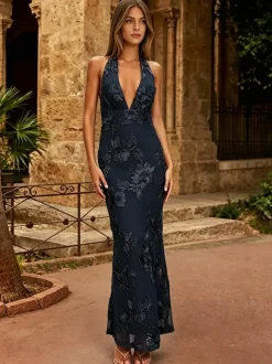 Evening Dress Mermaid V-Neck Floor-Length Sleeveless Zipper Lace Lace Social Party Dresses