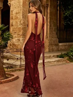 Evening Dress Mermaid V-Neck Floor-Length Sleeveless Zipper Lace Lace Social Party Dresses