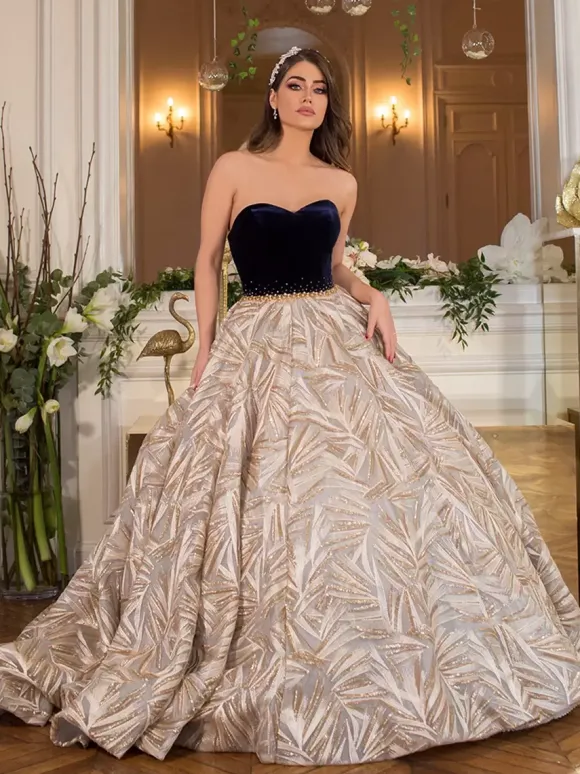 Evening Dress Princess Silhouette Strapless With Train Sleeveless Zipper Sequins Tulle Social Party Dresses
