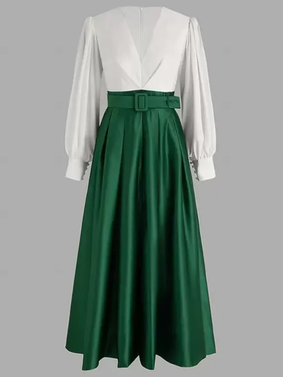 Evening Dress Princess Silhouette V-Neck Floor-Length Long Sleeves Zipper Sash Satin Fabric Formal Party Dresses