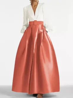 Evening Dress Princess Silhouette V-Neck Floor-Length Long Sleeves Zipper Sash Satin Fabric Formal Party Dresses