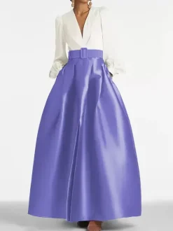 Evening Dress Princess Silhouette V-Neck Floor-Length Long Sleeves Zipper Sash Satin Fabric Formal Party Dresses