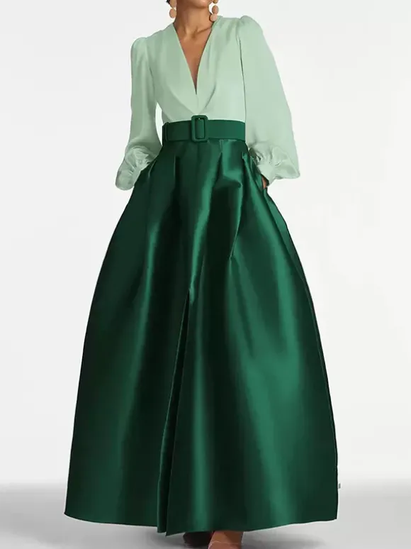 Evening Dress Princess Silhouette V-Neck Floor-Length Long Sleeves Zipper Sash Satin Fabric Formal Party Dresses