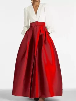 Evening Dress Princess Silhouette V-Neck Floor-Length Long Sleeves Zipper Sash Satin Fabric Formal Party Dresses