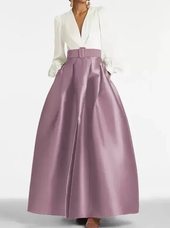 Evening Dress Princess Silhouette V-Neck Floor-Length Long Sleeves Zipper Sash Satin Fabric Formal Party Dresses