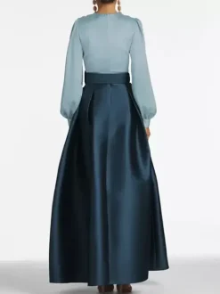 Evening Dress Princess Silhouette V-Neck Floor-Length Long Sleeves Zipper Sash Satin Fabric Formal Party Dresses