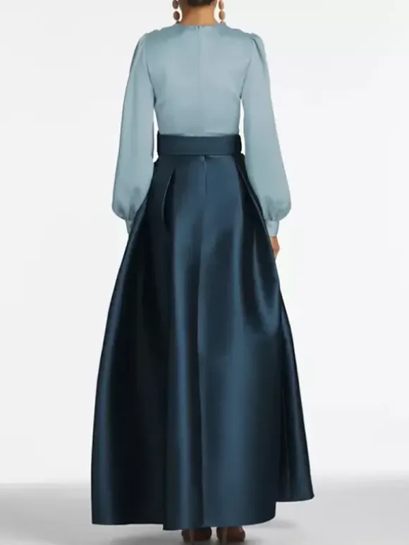 Evening Dress Princess Silhouette V-Neck Floor-Length Long Sleeves Zipper Sash Satin Fabric Formal Party Dresses