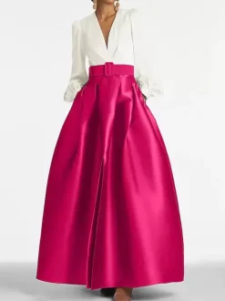 Evening Dress Princess Silhouette V-Neck Floor-Length Long Sleeves Zipper Sash Satin Fabric Formal Party Dresses