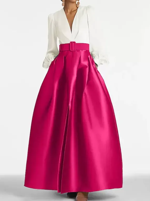 Evening Dress Princess Silhouette V-Neck Floor-Length Long Sleeves Zipper Sash Satin Fabric Formal Party Dresses