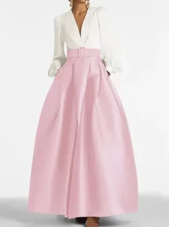 Evening Dress Princess Silhouette V-Neck Floor-Length Long Sleeves Zipper Sash Satin Fabric Formal Party Dresses