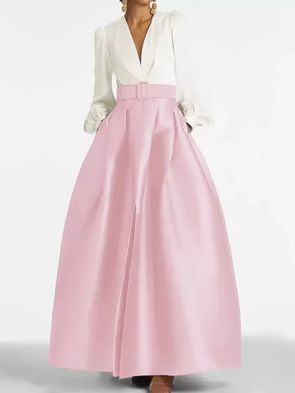 Evening Dress Princess Silhouette V-Neck Floor-Length Long Sleeves Zipper Sash Satin Fabric Formal Party Dresses
