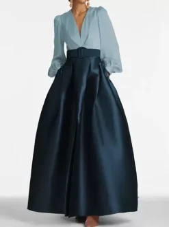 Evening Dress Princess Silhouette V-Neck Floor-Length Long Sleeves Zipper Sash Satin Fabric Formal Party Dresses