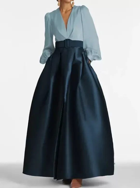 Evening Dress Princess Silhouette V-Neck Floor-Length Long Sleeves Zipper Sash Satin Fabric Formal Party Dresses