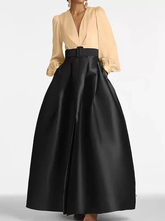 Evening Dress Princess Silhouette V-Neck Floor-Length Long Sleeves Zipper Sash Satin Fabric Formal Party Dresses