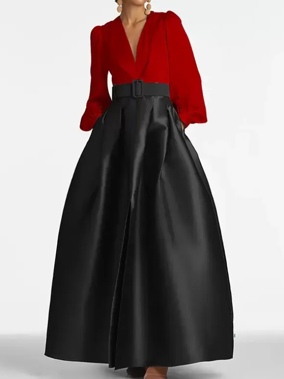 Evening Dress Princess Silhouette V-Neck Floor-Length Long Sleeves Zipper Sash Satin Fabric Formal Party Dresses